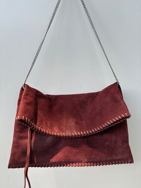 All Saints Suede Foldover Shoulder Bag in Dark Burgundy